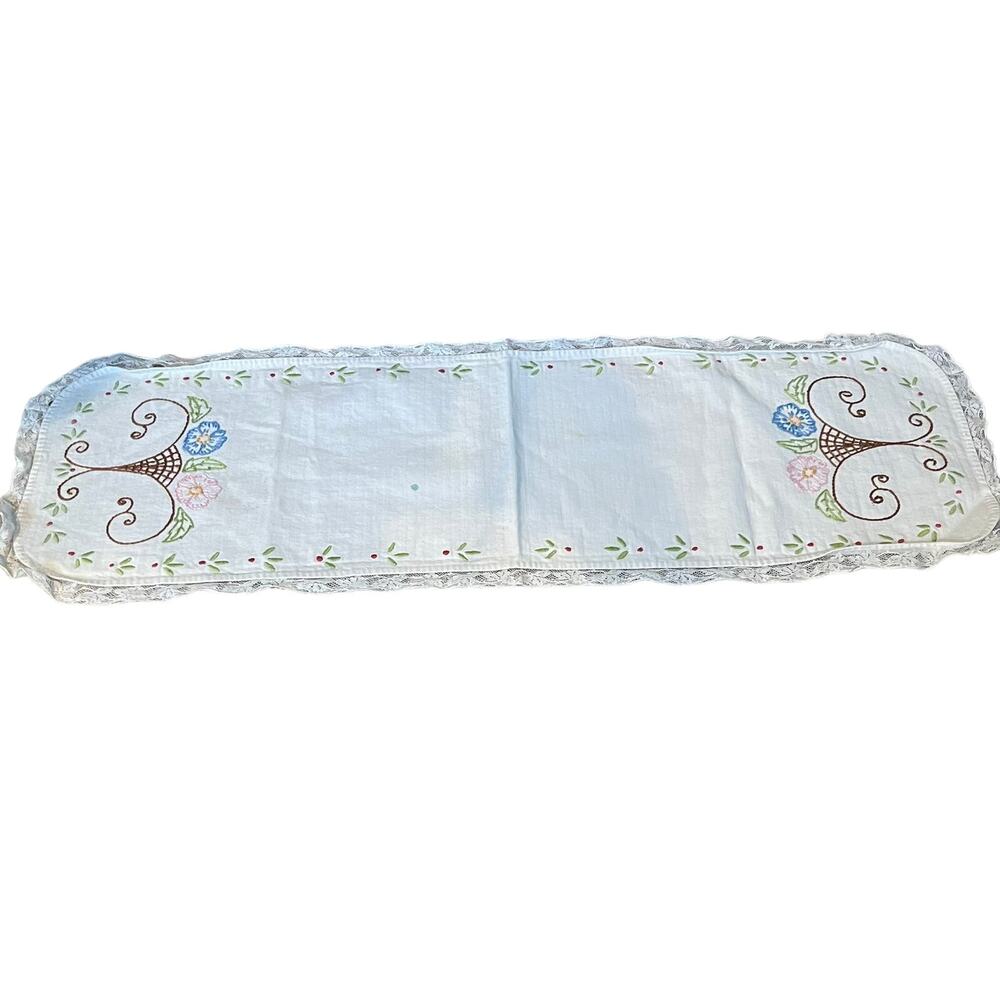 Vintage Handsewn Embroidered Floral Dresser Scarf Table Runner